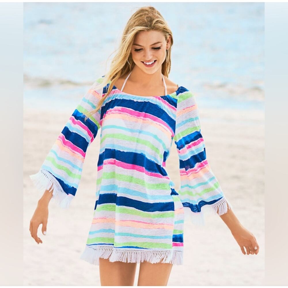 Lilly Pulitzer Striped Tassel Hem Bell Sleeve Swim Cover-Up Linen Tunic Dress M